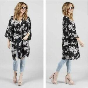 SPIRITUAL GANGSTER Kimono, Black White Rayon Floral Bohemian Tie Waist, One Size